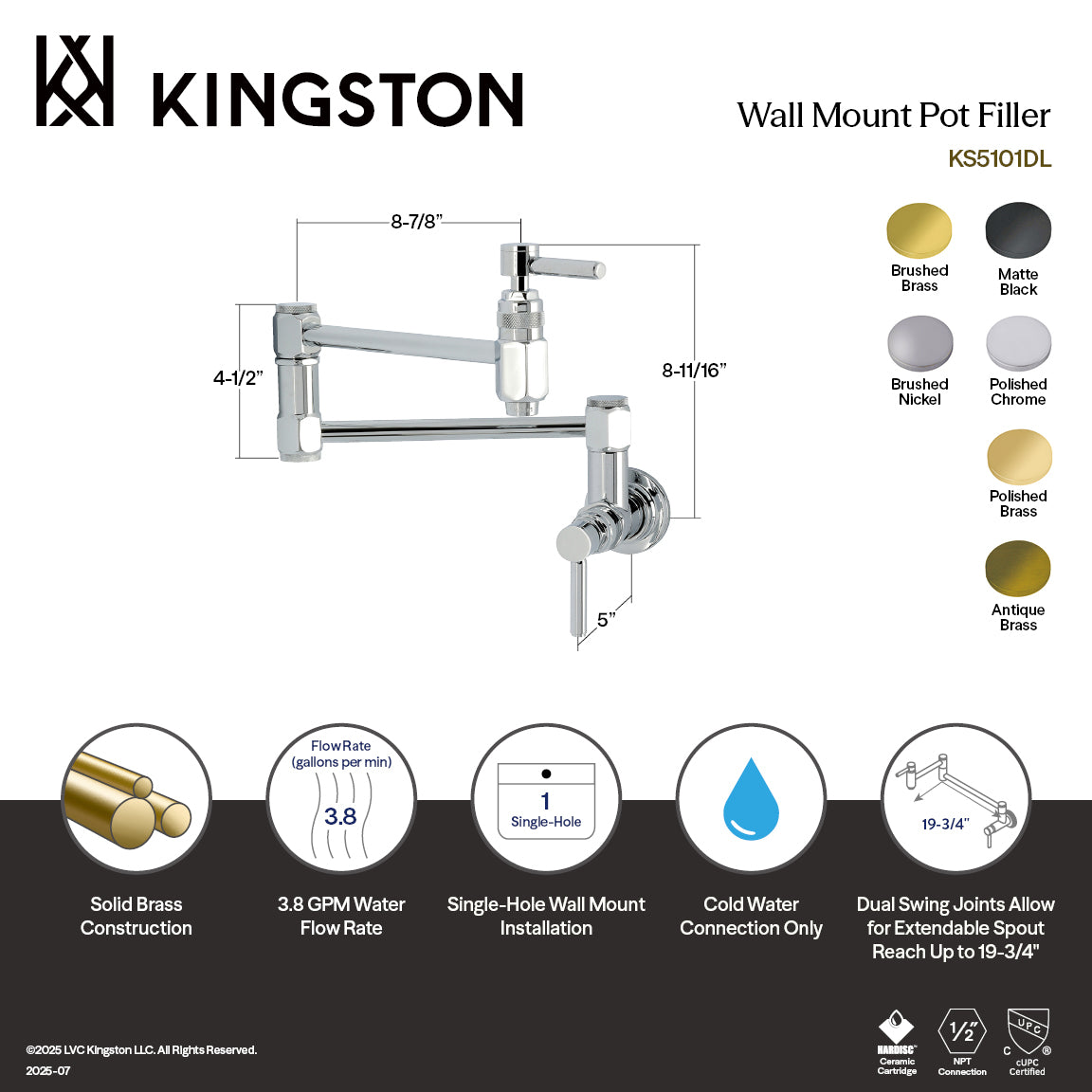 Kingston Sona KS5102DL - Concord Wall Mount Pot Filler Faucet, Polished Brass — thumbnail 2